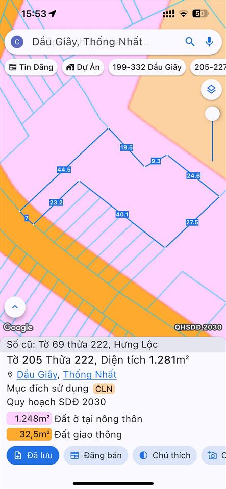 Bán 1281m2 đất phủ hồng, mặt tiền đường nhựa chính xã dầu giây, giá chỉ 2.05 tỷ