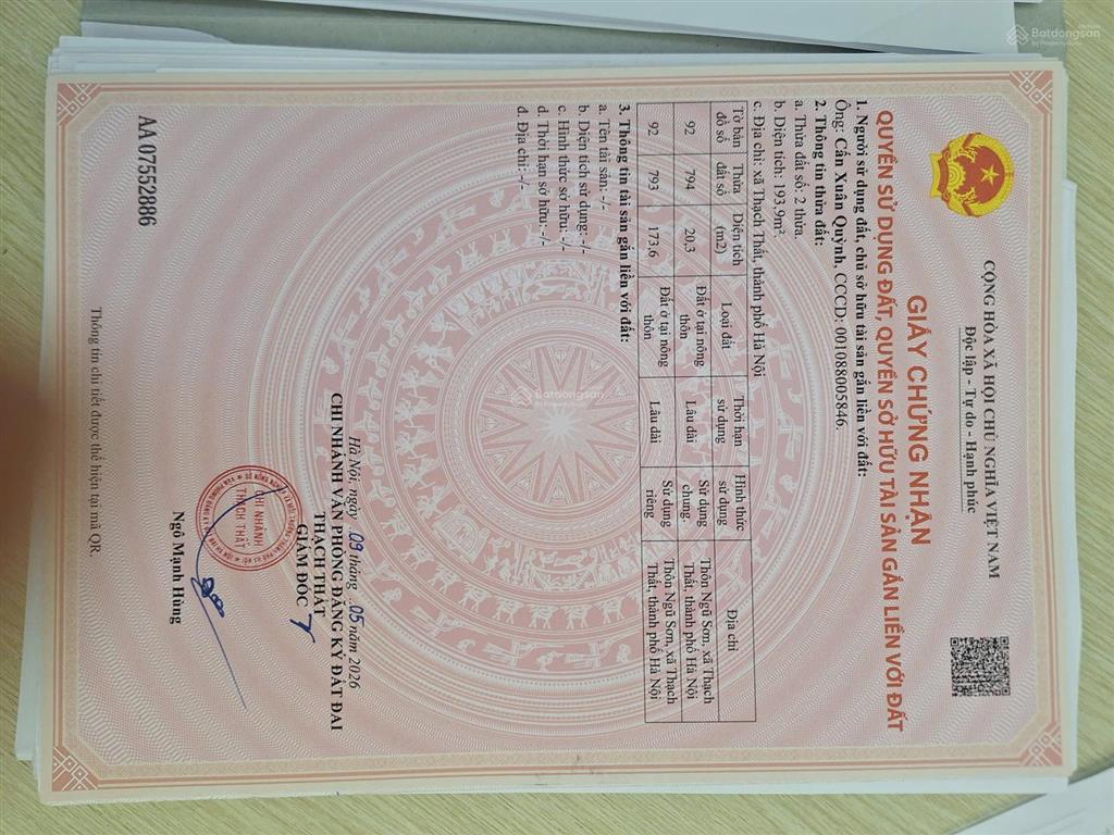 Chính chủ cần bán 3 lô full thổ tại ngũ sơn, lại thượng, thạch thất, hà nội.  0345 975 ***