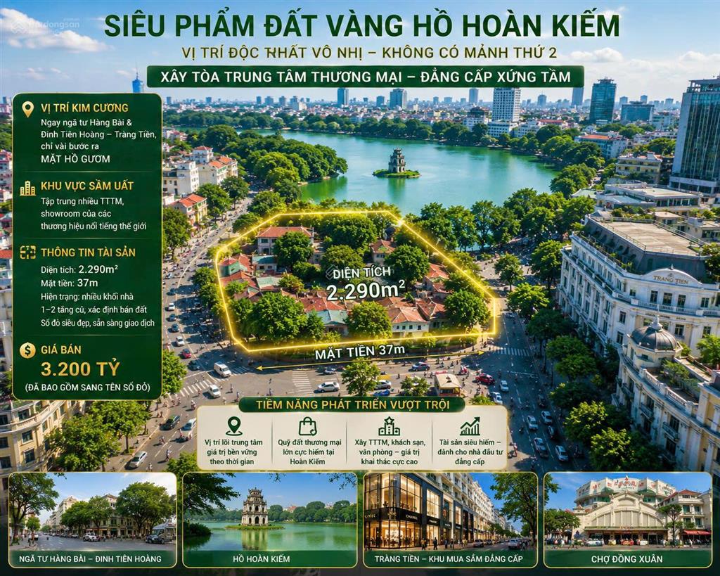 Đất vàng hồ hoàn kiếm  mặt phố tràng tiền  hàng bài 2.290m, mặt 37m, giá 3.200 tỷ