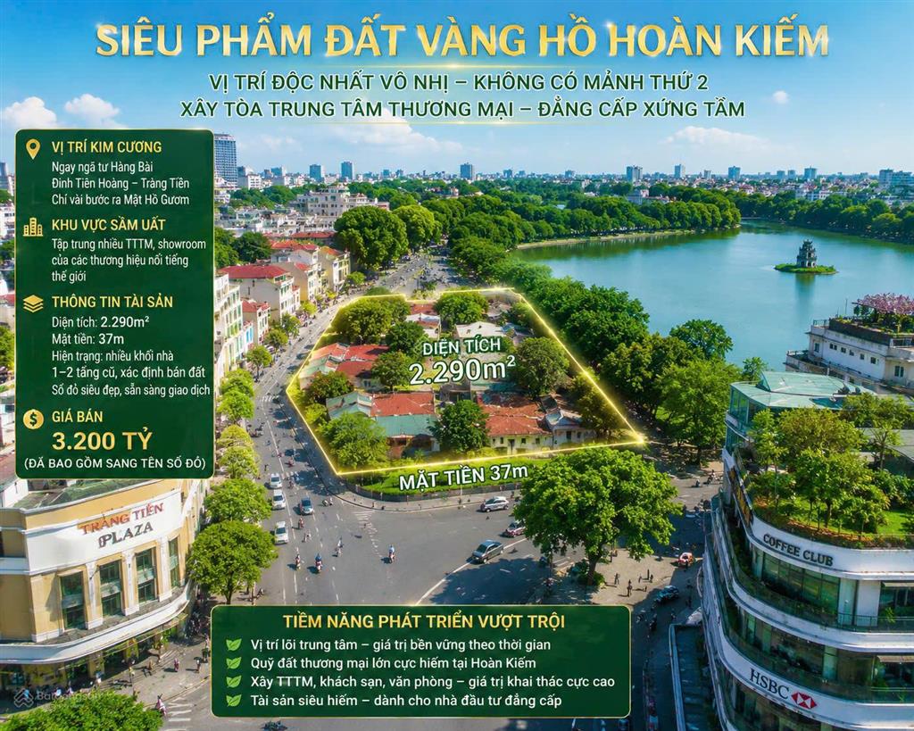 Đất vàng hồ hoàn kiếm  mặt phố tràng tiền  hàng bài 2.290m, mặt 37m, giá 3.200 tỷ