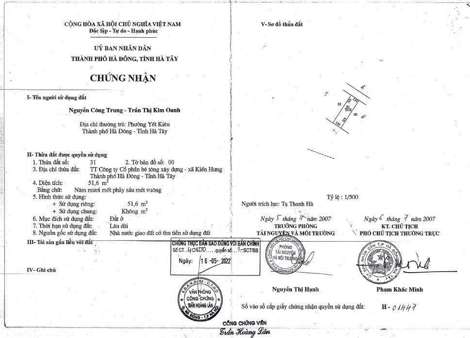 Thanh lý 7,8 tỷ ngõ 5 m. diện tích 51m đất kiến hưng hà đông