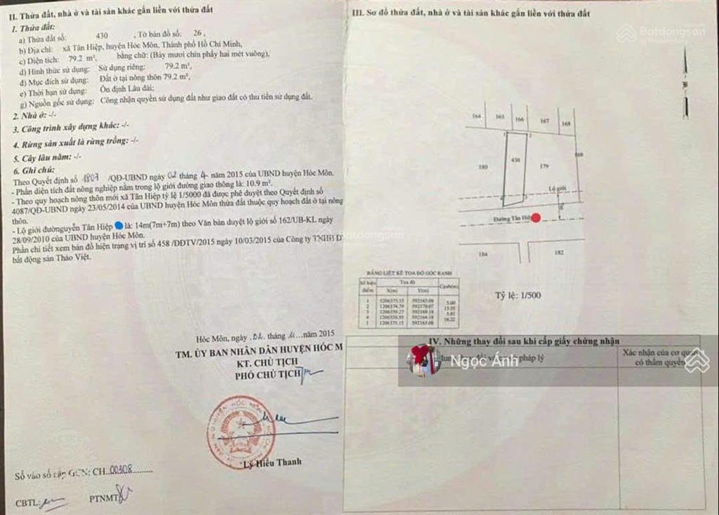 Chủ cần tiền gấp bán nhanh lô đất thổ 79m2, tân hiệp, hóc môn, sổ hồng riêng, giá 1,6 tỷ