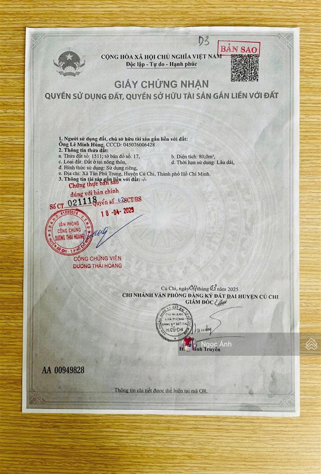 Bán nhanh lô đất full thổ 80m2 xã tân phú trung, củ chi, kdc hiện hữu, shr, giá 1,6 tỷ