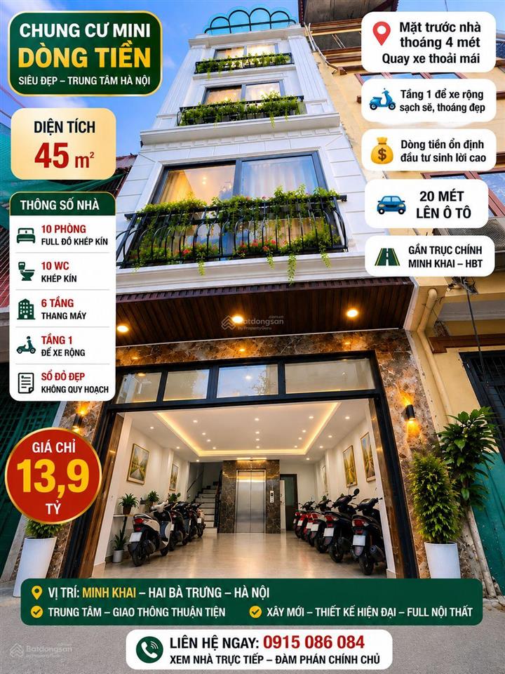 Tòa dòng tiền ccmn xây mới minh khai hbt hn 20 m ra ô tô, 45m2 6 thang máy  13,9 tỷ ko quy hoạch