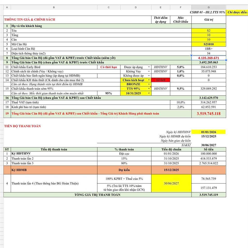 Spana tower giá thanh toán sớm 3,519 tỷ không chênh