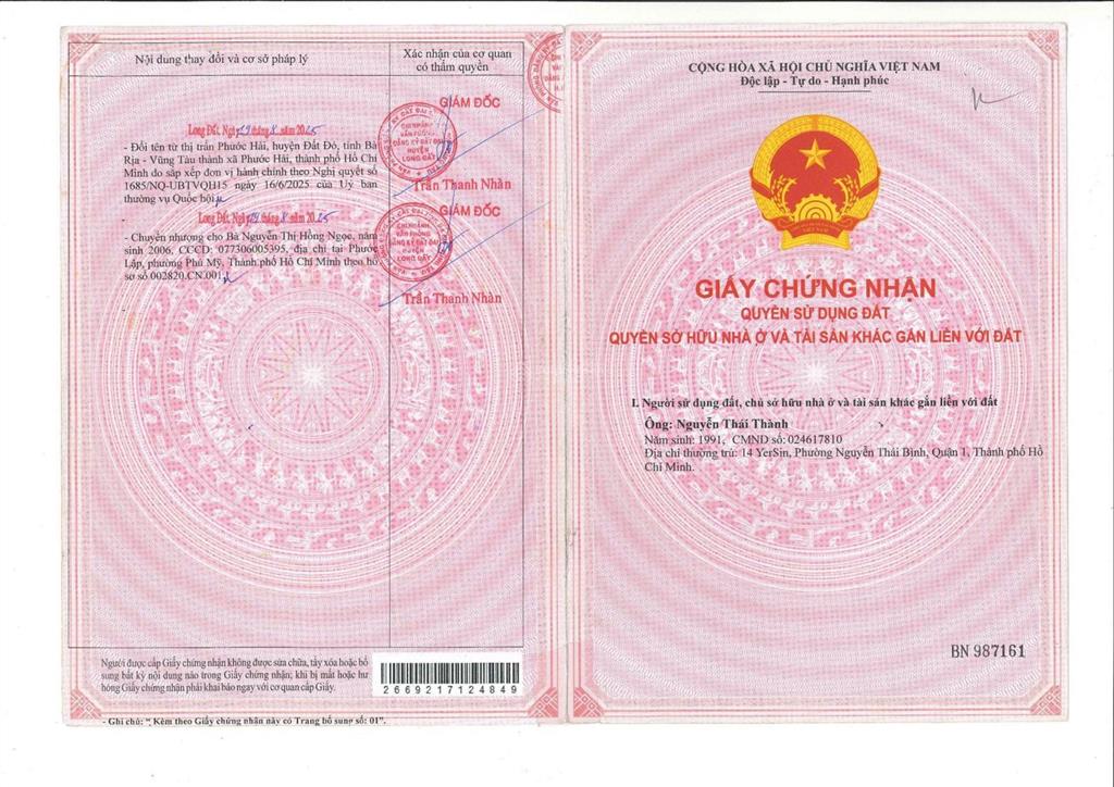 Bán đất mặt hướng biển tại trần hưng đạo (bờ kè), thị trấn phước hải, long đất, bà rịa vũng tàu