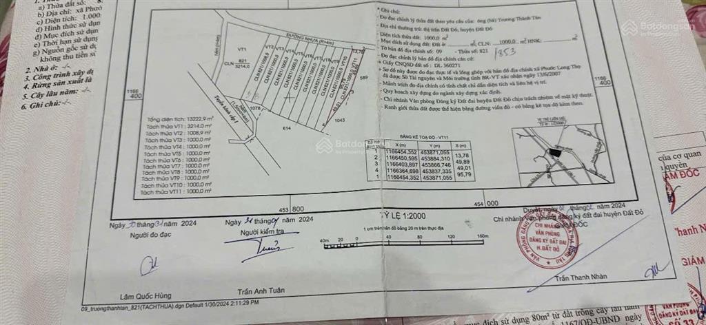 Bán 2000m2 đất có 160tc đã tách ra làm 2sổ mỗi sổ 1000mv có 80m2 tc xã phước long thọ đất đỏ