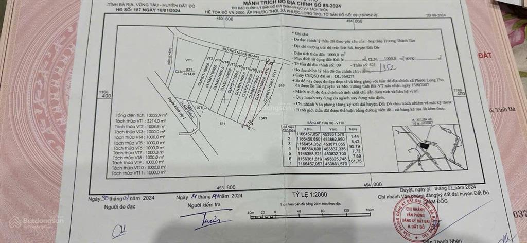 Bán 2000m2 đất có 160tc đã tách ra làm 2sổ mỗi sổ 1000mv có 80m2 tc xã phước long thọ đất đỏ