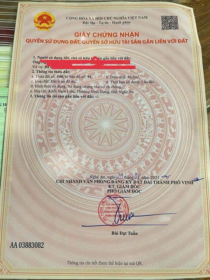 ĐẤT ĐẸP – GIÁ TỐT - CẦN BÁN NHANH LÔ ĐẤT TẠI Khối Nam Liên, Phường Vinh Hưng, TP. Vinh,