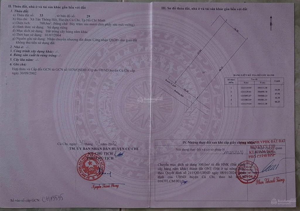 Bán đất xã tân thông hội 1648=769m2, 300m thổ cư, 1/ quốc lộ 22 , giá siêu tốt