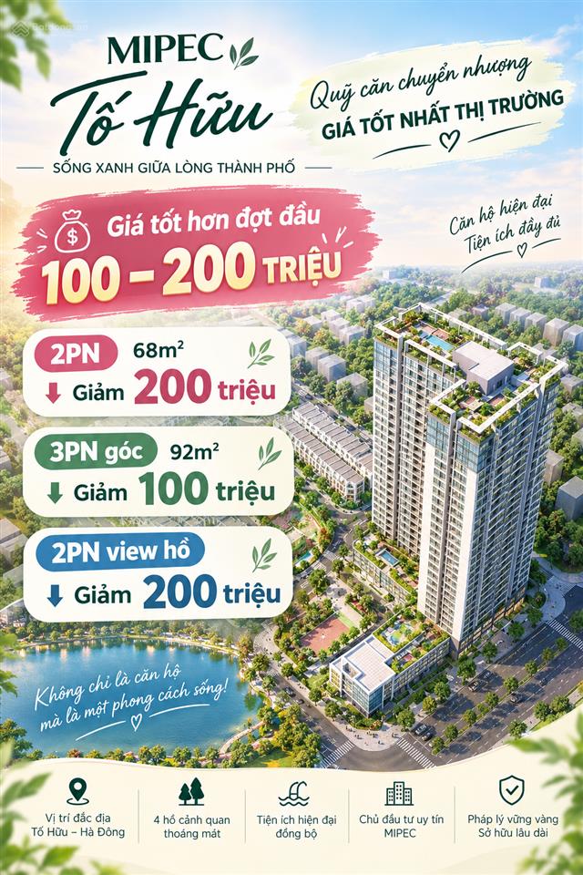 Cắt lỗ 200tr  2pn view hồ phùng khoang | mipec tố hữu