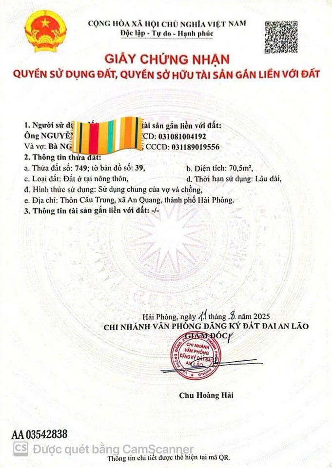 Cần bán đất tại thôn câu trung, quang hưng, an lão, hải phòng.