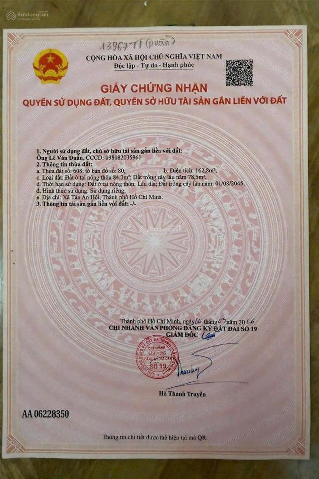 1.6 tỷ chốt nhanh 162,8m2 thổ cư full, ngay 1 xẹc tỉnh lộ 2 tân an hội, sổ riêng