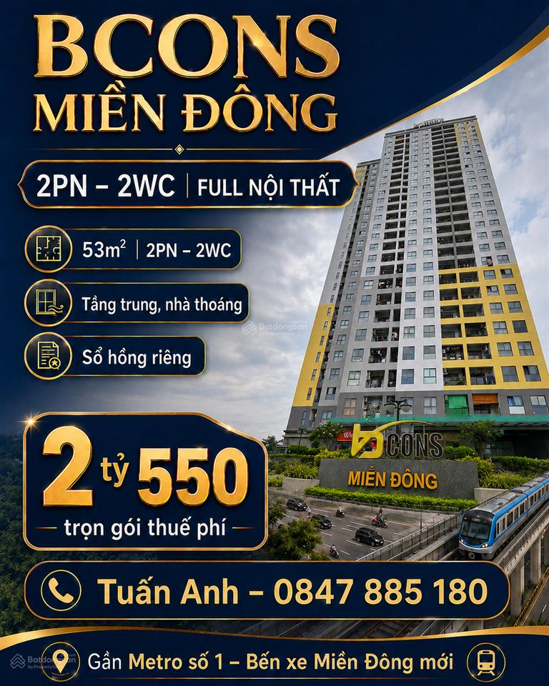 Căn hộ bcons miền đông gần metro số 1, 2pn 2wc, tầng trung, sổ hồng sẵn, 2.55 tỷ