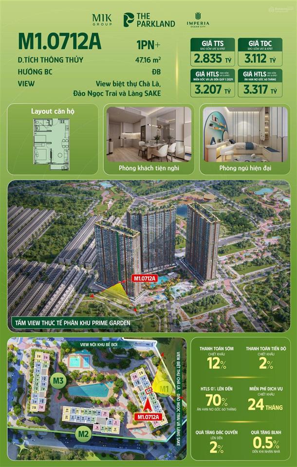 Căn hộ m10712a tại the parkland vinhome ocean park 2. với diện tích lớn có thể chia thành 2pn