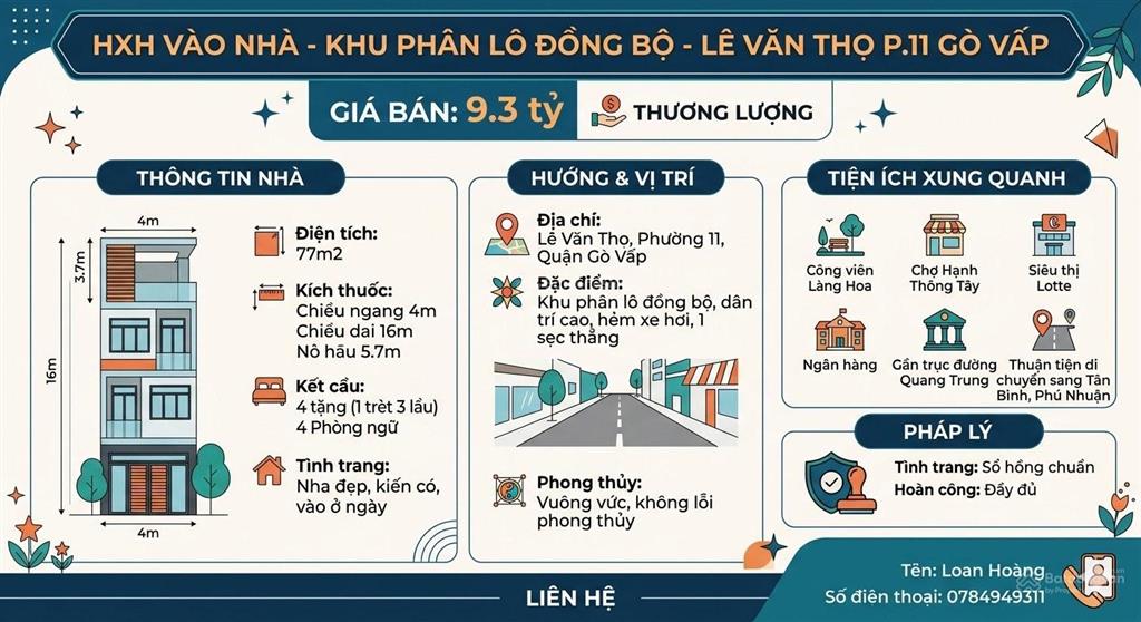 Hxh vào nhàđẹp o ngaykhu phân lô đồng bộ77m24 tầng4pnlê văn thọ p.11 gvchỉ 9,3 tỷ tl