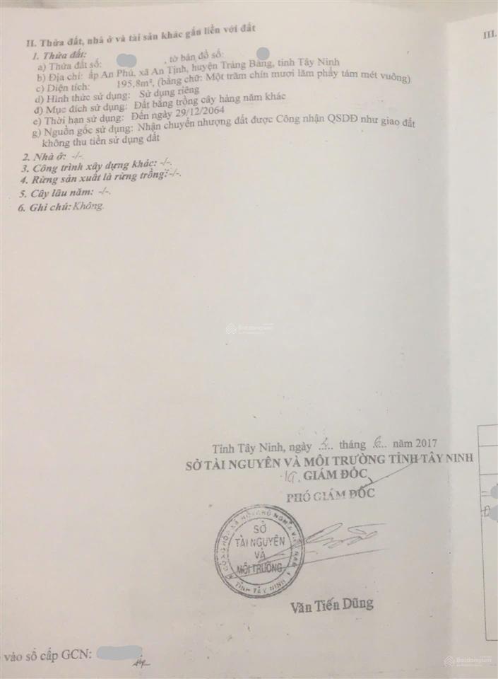 Bán gấp lô đất 195m2 giá 650tr đường an phú thị trấn trảng bàng tây ninh gần chợ  sổ hồng riêng