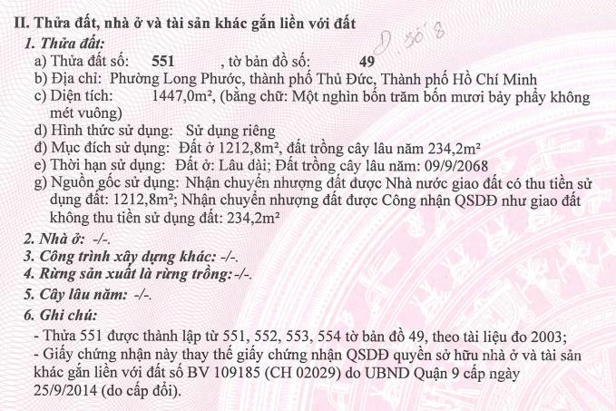 Bidv thanh lý quyền sử dụng đất diện tích 1447,0m² phường long phước, tp. hcm