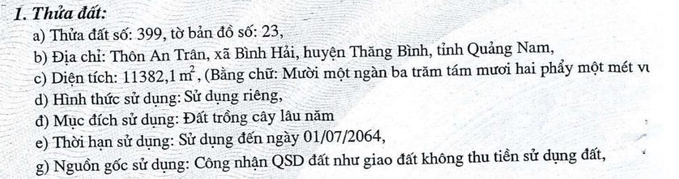Bidv thanh lý quyền sử dụng đất diện tích 11382,1m² tại thôn an trân, xã thăng trường, đà nẵng