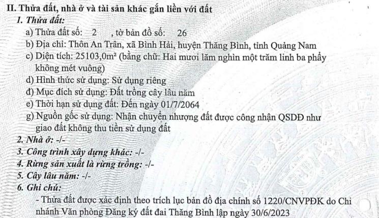 Bidv thanh lý quyền sử dụng đất diện tích 25103,0m² tại thôn an trân, xã thăng trường, đà nẵng