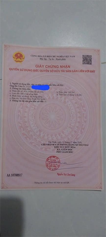 CHÍNH CHỦ Cần Bán Lô Đất Mặt Tiền Đường Số 8, Xã Hựu Thạnh, Huyện Đức Hòa, Long An