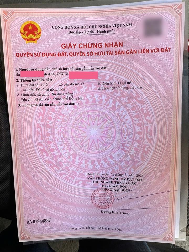 Bán đất 111,4m2 tại gần công an xã an viễn, giá tốt