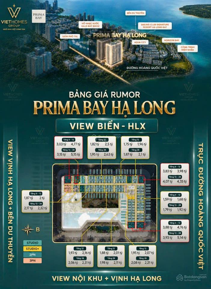 Bán căn hộ studio prima bay hạ long sát lotte mart, view biển giá f0 chỉ 1.65 tỷ