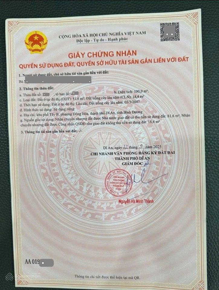 9009  bán đất 100m2 ngang 5,9m p. đông hòa, dĩ an, gần go dĩ an, đường 5,5m  giá chỉ 4,5 tỷ