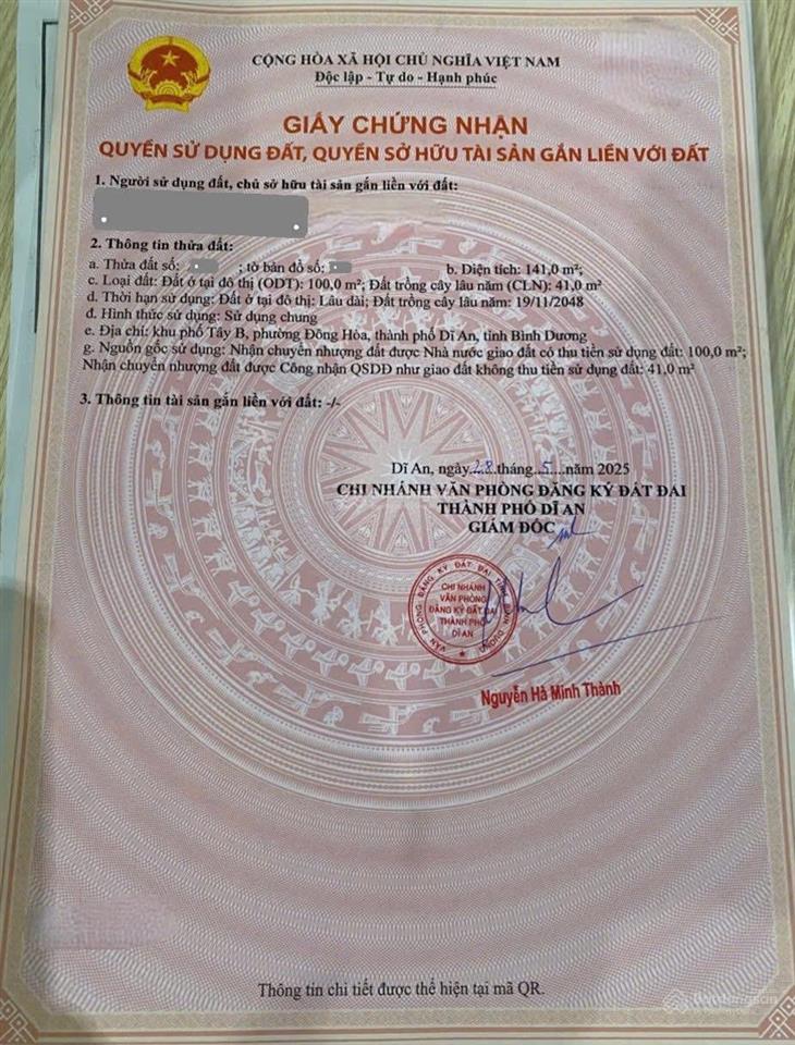 058 đất đẹp gần go dĩ an p. đông hòa dĩ an, 141m2 ngang 6,5m sổ hồng riêng, đường ô tô 5m  5 tỷ