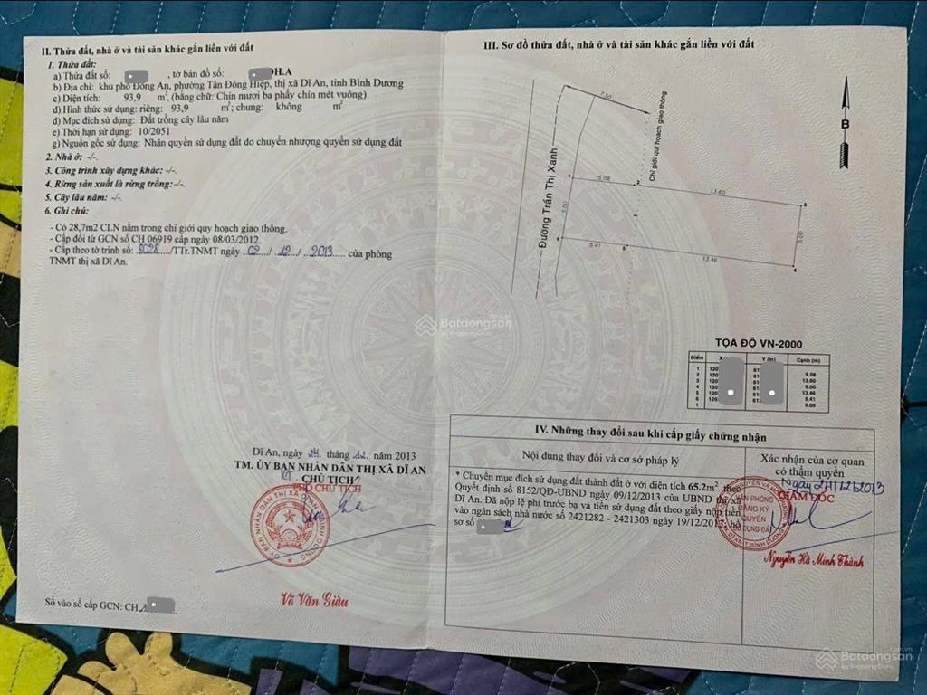 514 bán đất mặt tiền đường trần thị xanh, p. tân đông hiệp, dĩ an gần ttyt dĩ an  93,9m2  3,5 tỷ