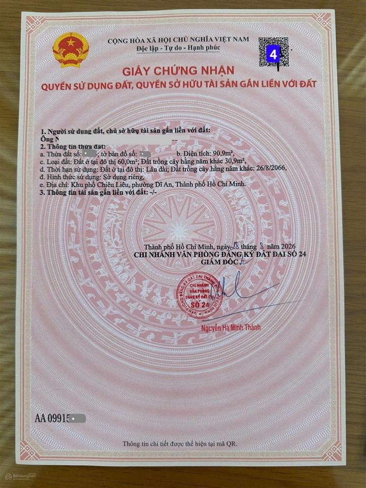 Bán đất mt lê thị út p. tân đông hiệp, dĩ an đường 7m thông  90,9m2, giá 3,6 tỷ tl