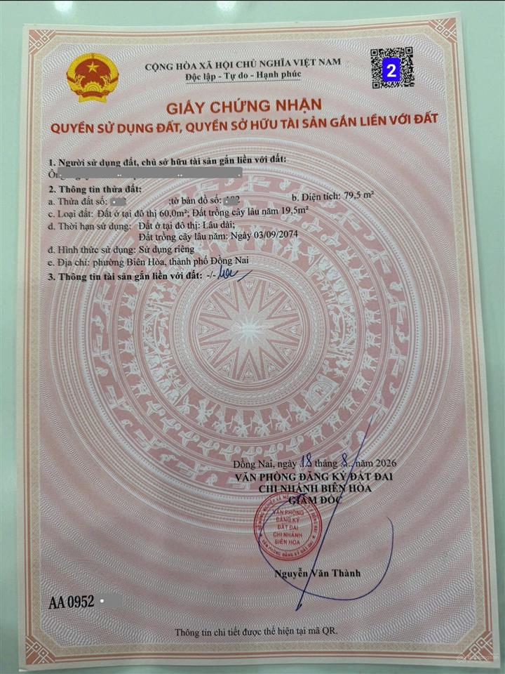 Bán đất giá rẻ biên hòa, gần vòng xoay cầu hang ql1k  79,5m2  giá 1,95 tỷ tl