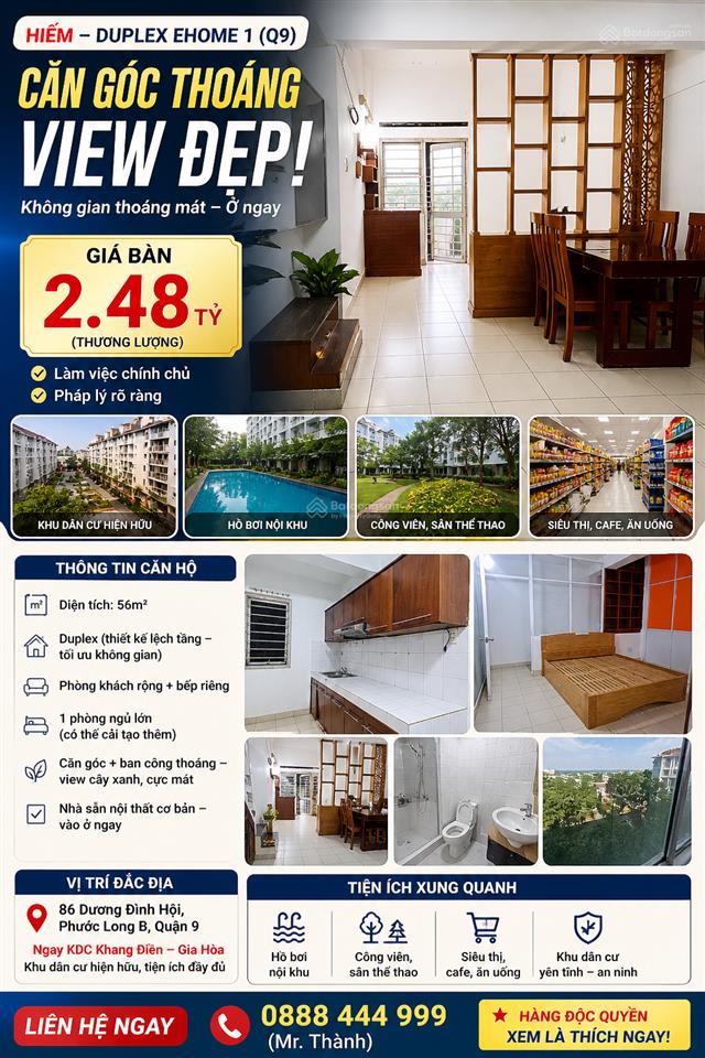 Hiếm duplex ehome 1 (q9) căn góc thoáng, view đẹp