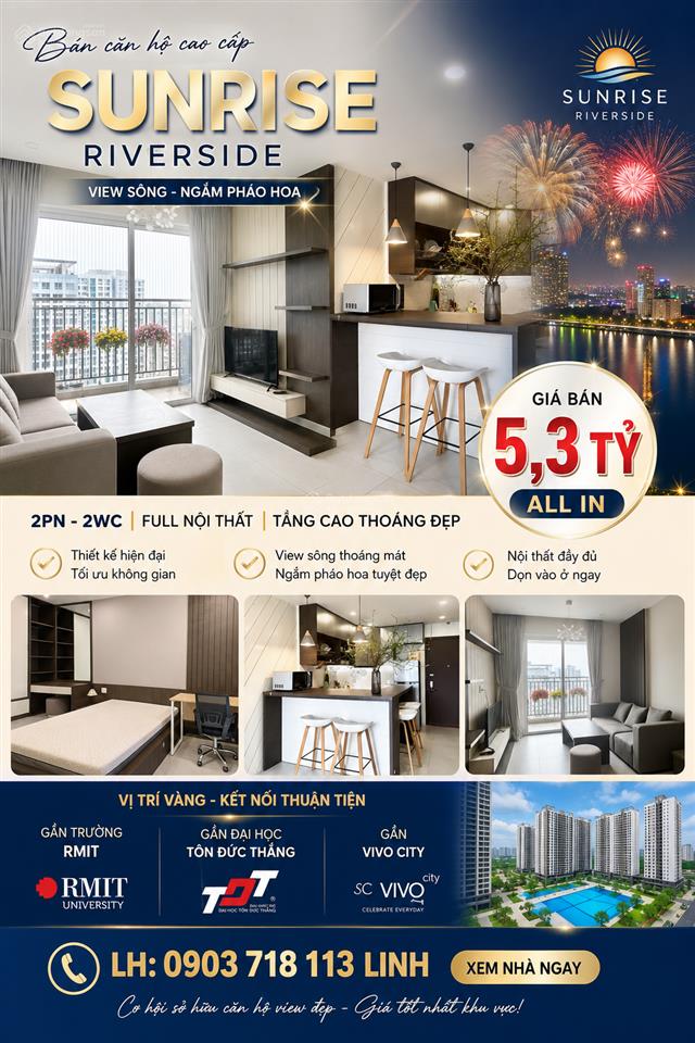 Chỉ 5,3 tỷ all in căn 2pn sunrise riverside view sông, ngắm pháo hoa, full nội thất | gần rmit