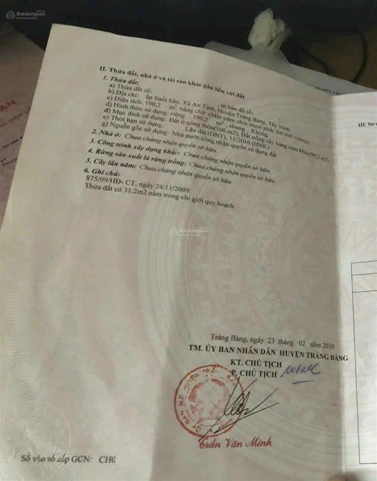 Chính chủ bán đất 190m2 (6m x 38m) giá 800 triệu gần chợ suối sâu tây ninh