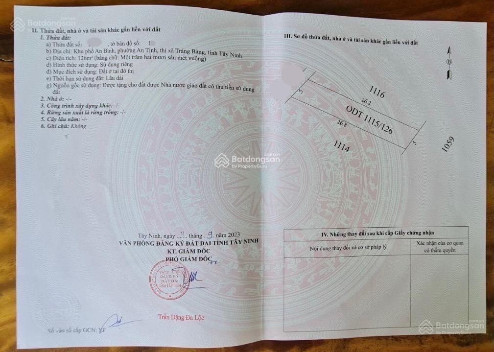 Đất thổ 126m2 (giá 500 triệu) ở đ.nguyễn du xã an tịnh trảng bàng tây ninh, sổ hồng riêng
