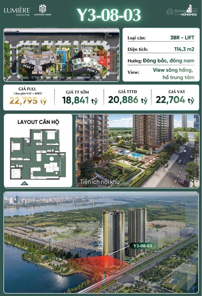 Căn 3n 114,3m2 vip tổng thống, thang máy riêng, 18,84 tỷ lumière essence peak, vinhomes cổ loa