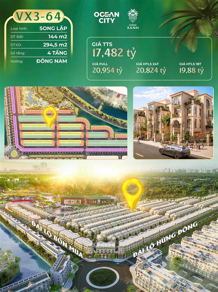 Chỉ 120tr/m2 có ngay biệt thự vinhomes ocean park 3, 17,4 tỷ, 144m2 phân khu vịnh xanh, hàng hiếm