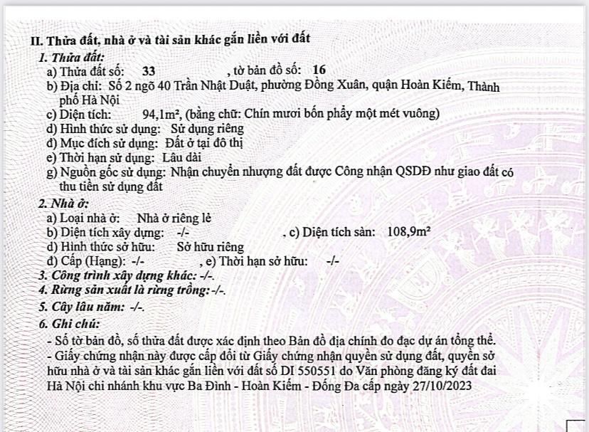 Bán đất chính chủ đẹp xuất sắc tại 2 ngõ 40, đường trần nhật duật, hoàn kiếm, 60 tỷ, 94m2