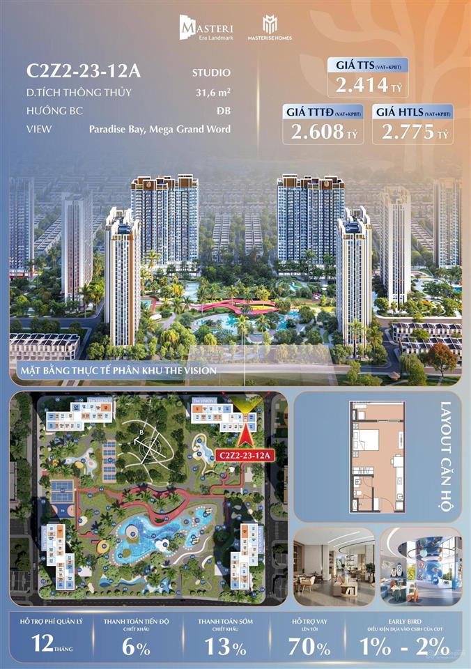 Căn hoa hậu c2z2.23.12a dt 31,6m2 view pháo hoa siêu đẹp, giá 2,6 tỷ.  0336 972 ***