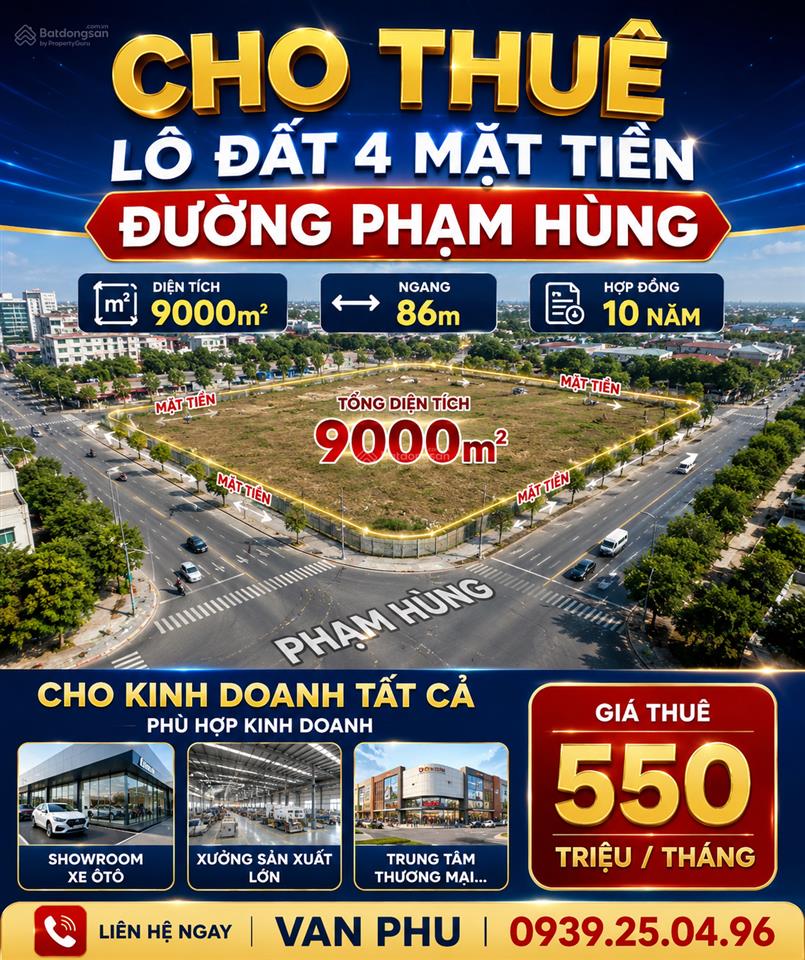 Cho thuê lô đất 4 mặt tiền phạm hùng, 9000m², ngang 86m, hợp đồng 10 năm, gọi văn phú