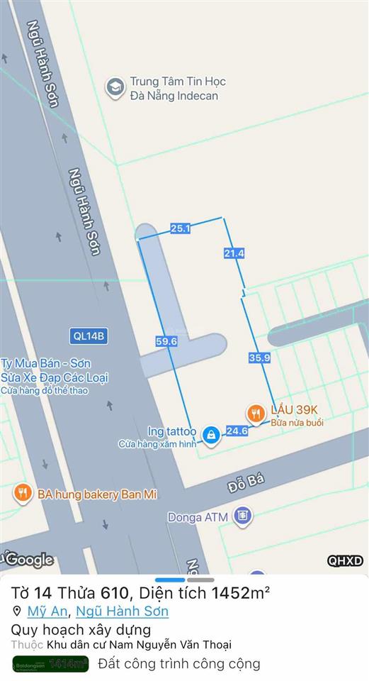 Cho thuê lô đất tmdv đường ngũ hành sơn, dt 1452m2, ngang 50m, hđ 7 năm, gọi văn phú