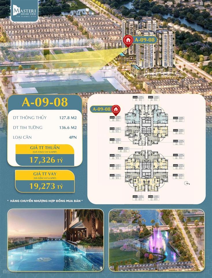 Căn hộ cc 137m2, 19,1tỷ tại masteri grand view, 4pn view nhạc nước và tttm