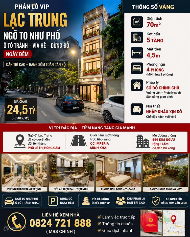 Phân lô phố lạc trung, ngõ to như phố, vỉa hè, ôtô tránh. 70m2 x 5tầng, nội thất nhập khẩu. 24,5 tỷ