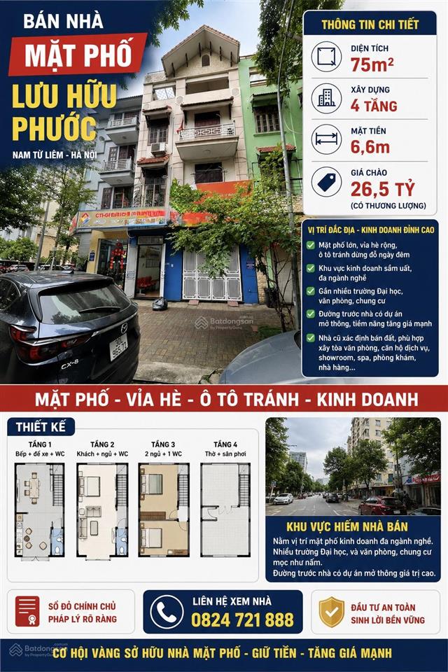 Mặt phố lưu hữu phước  75m2  mt 6,6m  vỉa hè  ô tô tránh  kinh doanh đỉnh  giữ tiền tăng giá.