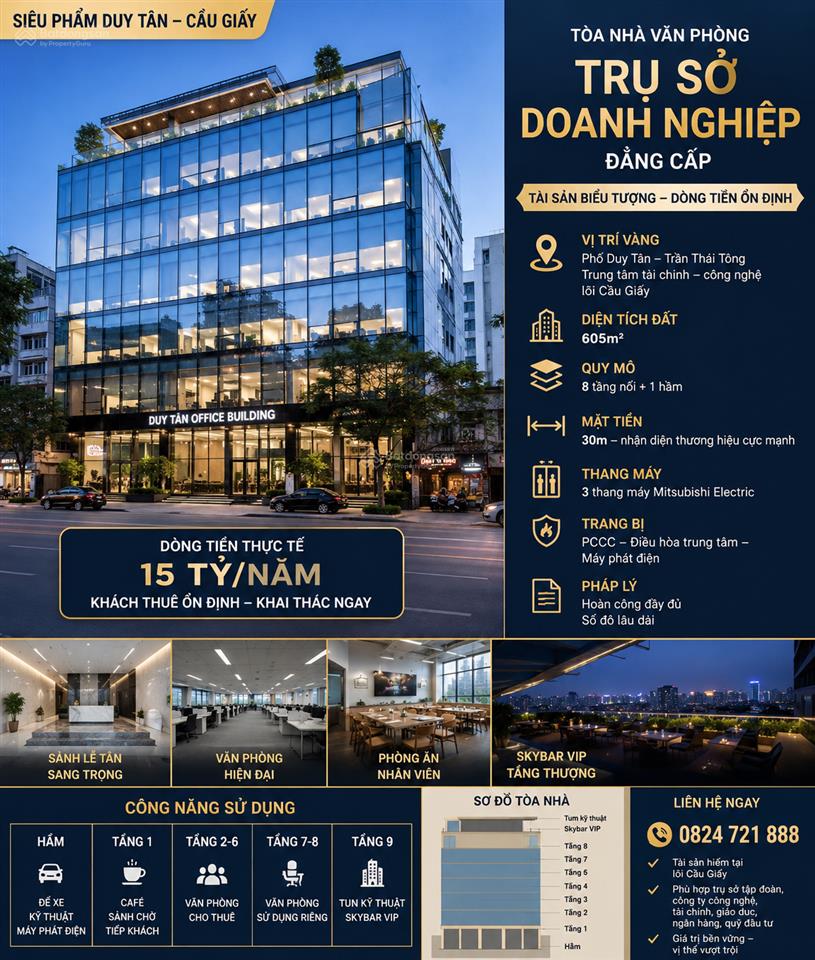 Siêu phẩm cầu giấy  tòa văn phòng 605m2  30m mặt tiền  full pccc  hoàn công  dòng tiền khủng