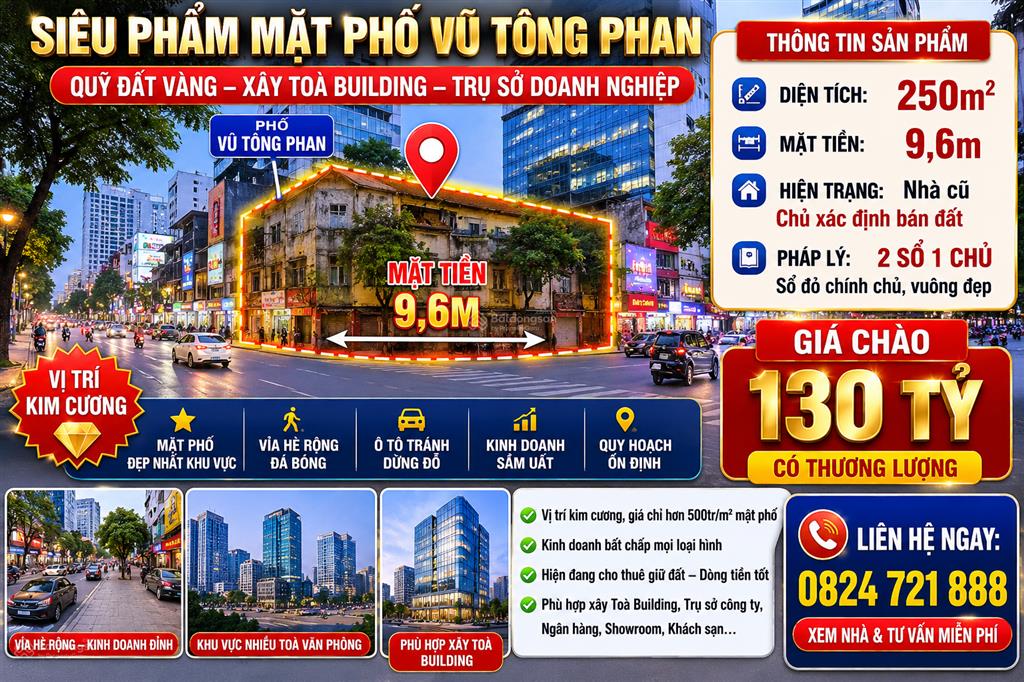 Bán đất vàng mặt phố vũ tông phan  250m2  mt 9,6m  vị trí kim cương  giá chỉ hơn 500tr/m2