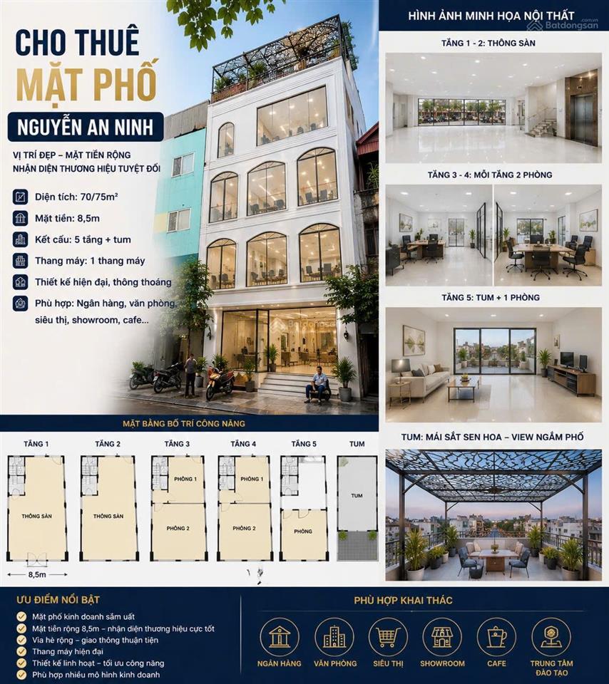 Chính chủ cho thuê nhà mặt phố nguyễn an ninh. 80m2 x 5 tầng, mt 8,5m. lô góc, kinh doanh sầm uất