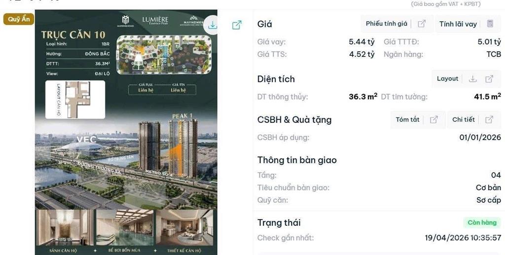 Peak1 lumiere cổ loa  căn 1pn rẻ nhất bảng hàng  không