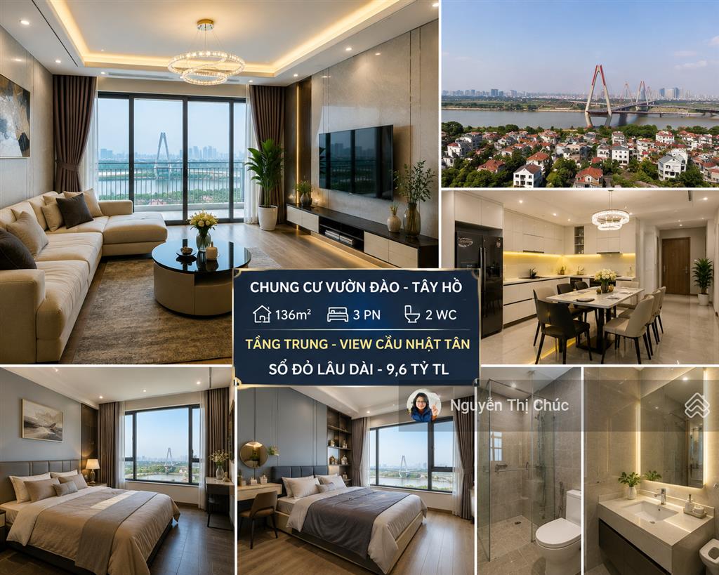 Căn hộ vườn đào tây hồ, 136m2 3pn, tầng trung, view cầu nhật tân, full nội thất, sổ lâu dài, 9,6 tỷ
